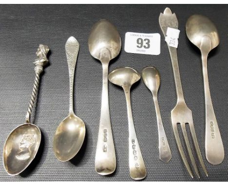 Silver cutlery including a Victorian Royal Commemorative teaspoon, a trifid handle fruit fork etc, weight 3.25oz approx.