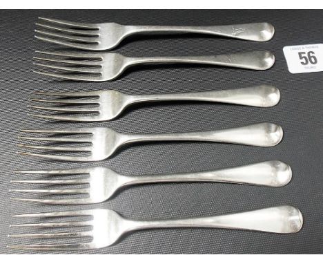 George III silver set of five Old English pattern dessert forks, London 1811/12, together with a George IV Old English patter