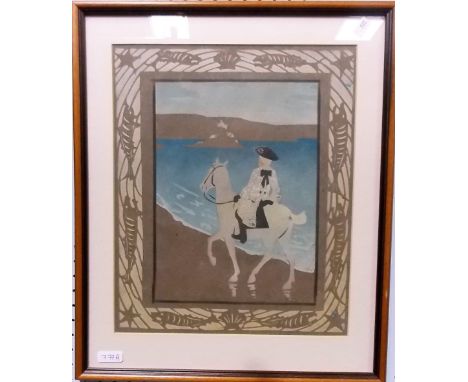NORMAN GARSTIN  Horseman before St Michael's Mount. Relief print. 14' x 11.25'.
