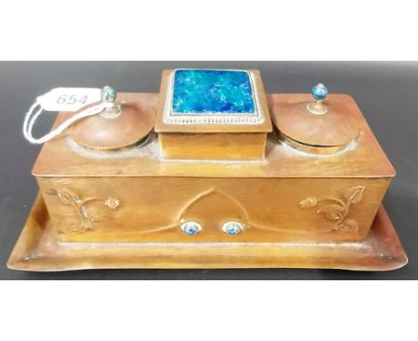Good Arts & Crafts copper and enamel three compartment ink stand in the style of Liberty & Co of planished form and embossed 