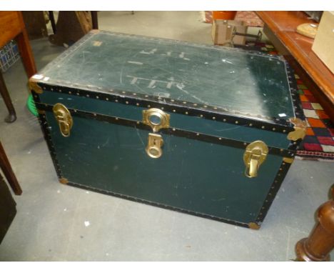 Vintage wooden green painted and metal bound steamer trunk, width 36'