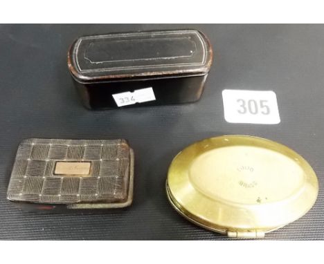 19th Century tortoise shell and rose gold rectangular snuff box, the carved lid with a name plate and gold pins, width 2' (af