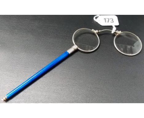 19th Century white metal and blue guilloche enamel lorgnette