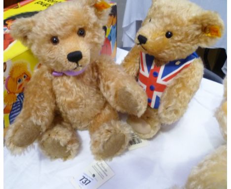 Two modern Steiff blond mohair teddy bears, one with Union Jack waistcoat