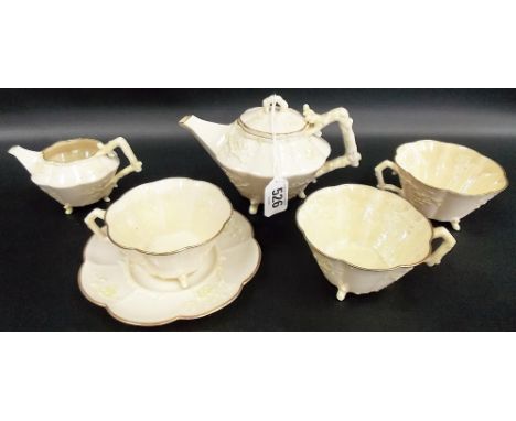Victorian first period Belleek porcelain part tea service, each moulded with prunus blossom with naturalistic handles, compri