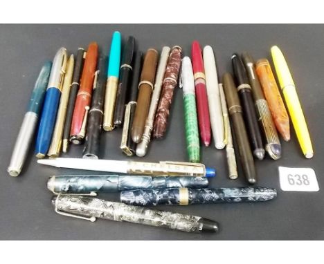 A collection of vintage fountain pens including Parker, Sheaffer, Swan etc., many with 14k nibs