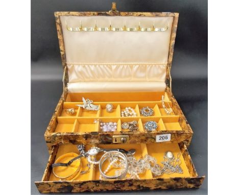 Collection of costume jewellery in a jewellery box including a rolled gold manual wind watch ring