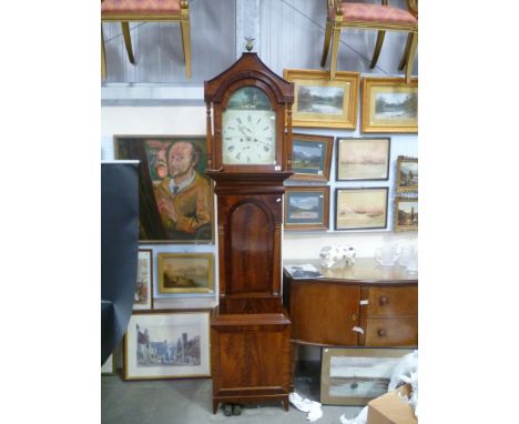 19th Century mahogany eight day long case clock, the painted enamel 13' dial signed J Blagburn Gateshead, the arch painted wi