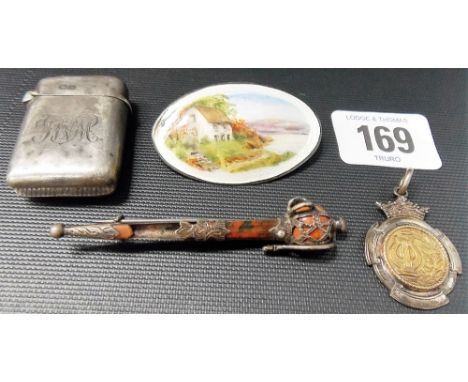 Scottish white metal and agate bar brooch in the form of a basket hilted sword (af) together with a silver oval enamel brooch