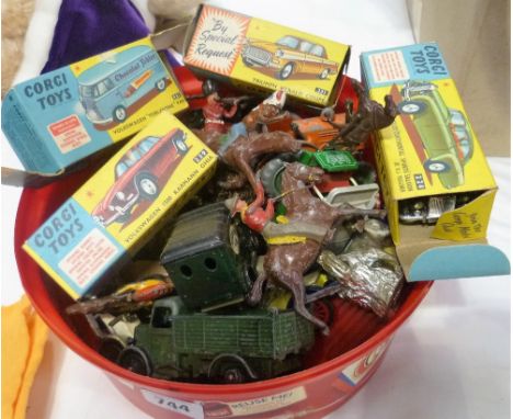 Collection of vintage tin plate toy vehicles including four boxed Corgi cars; together with a few painted toy soldiers etc.,