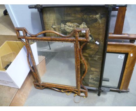 Walnut inlaid rectangular over mantle mirror together with a bamboo framed rectangular wall mirror and a Victorian framed pri