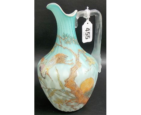 Victorian Thomas Webb satin glass ewer, white opaque and pale blue encased under with a trellis design, the body enamel and g