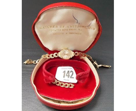 Ladies 9ct gold manual wind bracelet wrist watch, the silvered dial signed Medana Lever Swiss Made, five extra links, weight 