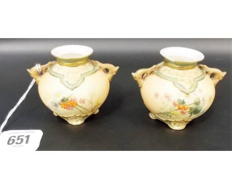 Pair of Royal Worcester miniature ovoid blush ivory twin handled vases No. 1176, foliate painted, height 2.25' (1 af)