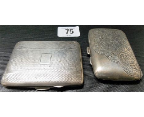 Edwardian silver foliate scroll engraved cigarette case, Birmingham 1907; together with a pre-war silver engine turned cigare