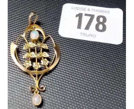 Art Nouveau gold, opal and seed pearl set pendant, weight overall 1.9g approx.