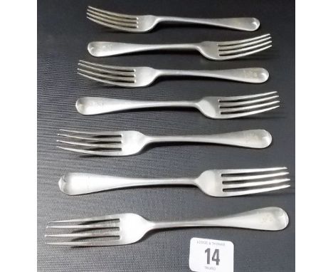 Set of six Old English pattern silver dessert forks, maker GS & Co Ltd, London 1921; together with one other Victorian Old En