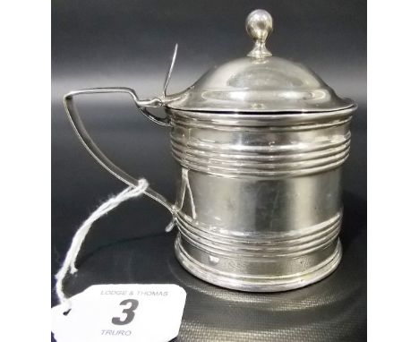 George III provincial  silver mustard pot, the hinged dome lid  with ball finial over the cylindrical body with two reeded ba