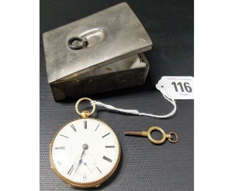 Good 18ct gold open faced pocket watch, the 40mm white enamel dial with black Roman numerals and subsidiary second dial, the 