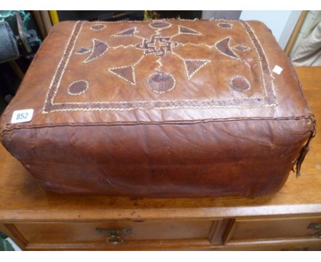 Brown leather rectangular pouffe with python skin stitch decoration, width 19'