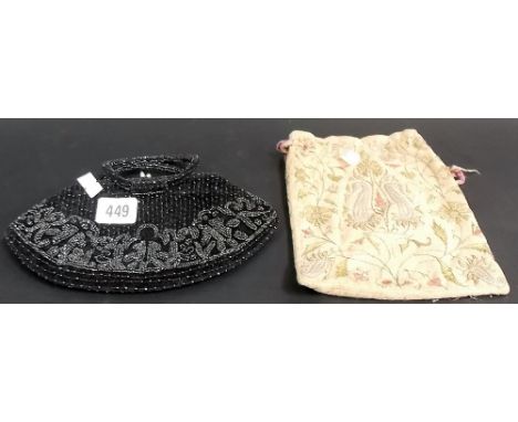 Vintage black beaded evening bag, together with a foliate embroidered draw string bag