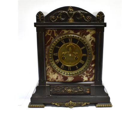 A VICTORIAN GILT METAL MOUNTED SLATE AND MARBLE MANTLE CLOCK  with visible escapement, the 8-day movement striking on a coile
