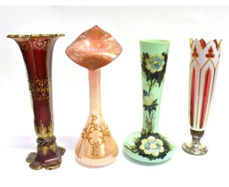 A 'JACK-IN-THE-PULPIT' ART GLASS VASE  a flash-cut vase with silver base (a/f), an opaque glass vase and one other, the large