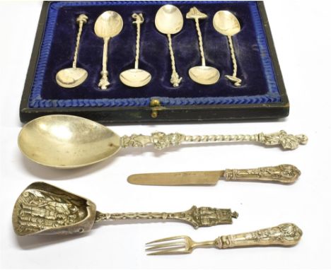 A LATE VICTORIAN SILVER APOSTLE-END SERVING SPOON AND OTHER SPOONS the apostle spoon with the mark of William Hutton & Sons L