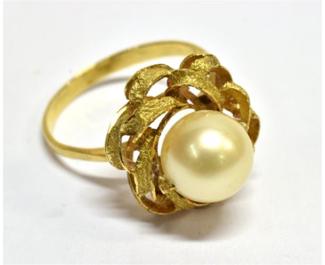 A VINTAGE CONTINENTAL GOLD AND CULTURED-PEARL SINGLE STONE RING the 9mm diameter cultured-pearl claw set within open surround