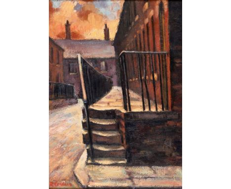 R. COLLIER (BRITISH, 20TH CENTURY)  Terraced street sunset,  oil on canvas, signed lower left, 39.5cm x 28cm. 