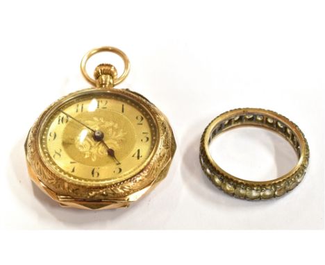 AN EARLY 20TH CENTURY SWISS 12CT GOLD CASED KEYLESS FOB WATCH AND A PASTE ETERNITY RING  the fob watch with a floral decorate