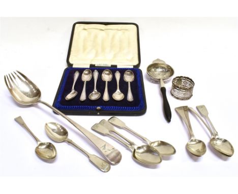 VARIOUS SILVER FLATWARE TO INCLUDE A GEORGE III CRESTED OLD ENGLISH PATTERN SPOON the bowl later reshaped as a salad serving 