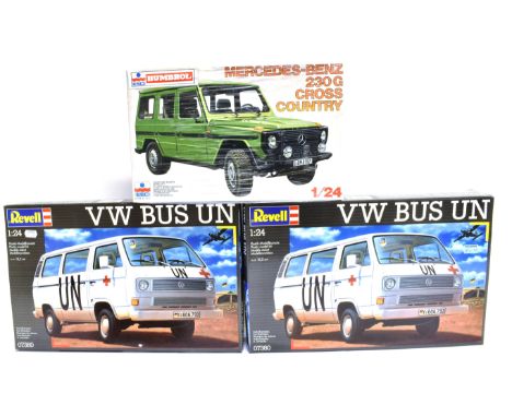 SIX 1/24 SCALE UNMADE PLASTIC MODEL VEHICLE KITS  by Revell (4); Esci (1); and Fujimi (1), each boxed, one box still shrink-w
