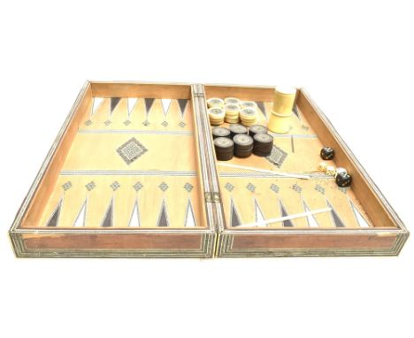 A 19TH CENTURY ANGLO-INDIAN IVORY AND SADELI WARE VIZAGAPATAM FOLDING CHESS / BACKGAMMON BOARD  with a sandalwood line interi