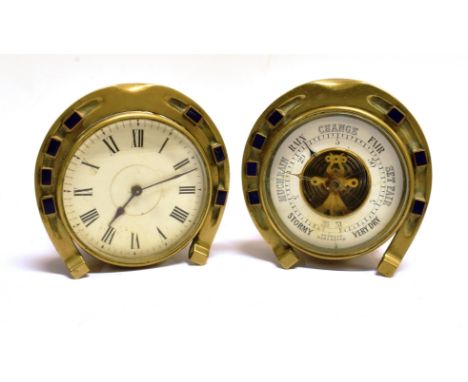 A BRASS CASED 'HORSESHOE' DRUM CLOCK with blue enamel nail decoration, 13cm high, together with a matching aneroid barometer 