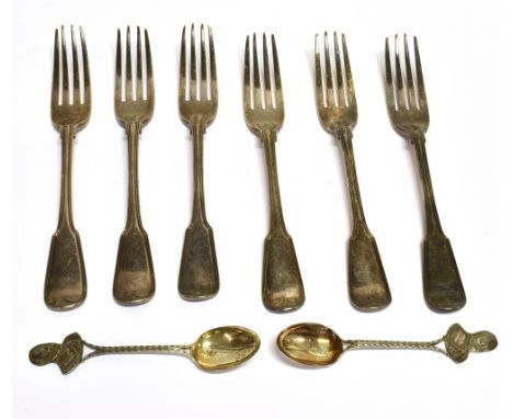 A SET OF SIX GEORGE III SILVER FIDDLE AND THREAD TABLE FORKS Each engraved with a crest over script initials, London 1810, 47