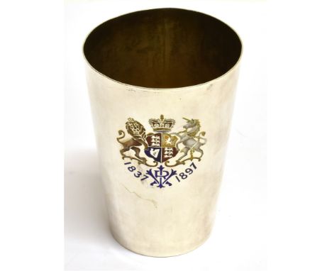 A LATE VICTORIAN DIAMOND JUBILEE SILVER AND POLYCHROME ENAMEL BEAKER the straight tapering sides enamelled with the Royal Coa
