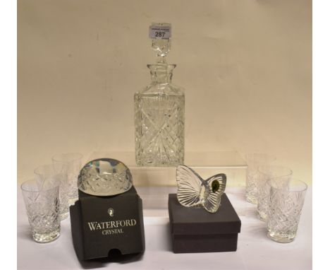 A BOXED WATERFORD CRYSTAL BUTTERFLY ORNAMENT  together with a paperweight, decanter and stopper and set of six beakers