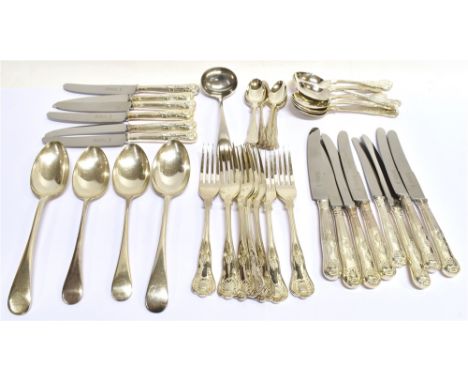 A PLATED KINGS PATTERN TABLE SERVICE FOR SEVEN comprising; table knives and forks, soup spoons, dessert knives and teaspoons;