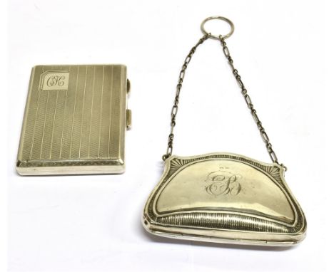 A SILVER PURSE AND A SILVER CIGARETTE CASE the shaped purse with textured borders, a finger chain and engraved with script in