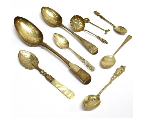 A SMALL COLLECTION OF SILVER FLATWARE INCLUDING A GEORGE III FIDDLE PATTERN TABLE SPOON with script initials, mark of Eley &a