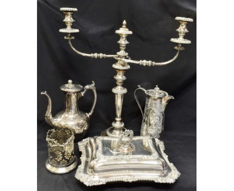 A COLLECTION OF VICTORIAN AND LATER PLATE INCLUDING PLATED COPPER TWO BRANCH/THREE LIGHT CANDELABRUM with gadrooned borders (