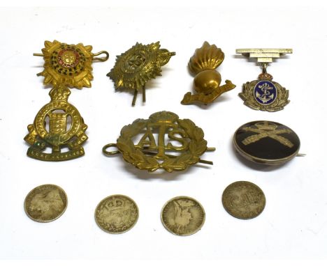 MILITARIA - ASSORTED  comprising a Machine Gun Corps silver and faux tortoiseshell sweetheart brooch; a Royal Navy silver and