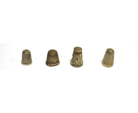 SEWING - EIGHT 19TH CENTURY &amp; LATER SILVER &amp; WHITE METAL THIMBLES  including a steel crowned thimble with a broad geo