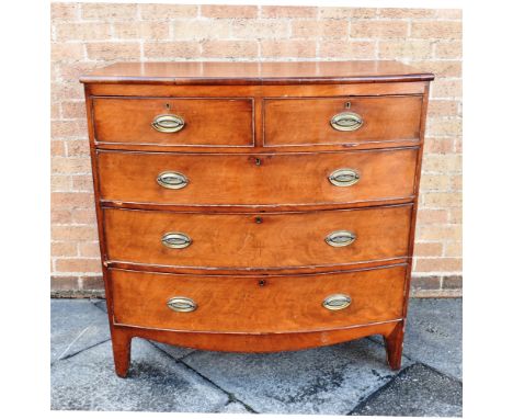 A VICTORIAN MAHOGANY BOW FRONT CHEST OF TWO SHORT AND THREE LONG DRAWERS  on bracket feet, 104cm wide 51cm deep 105cm high