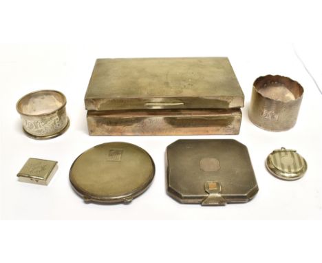 A COLLECTION OF SMALL SILVER INCLUDING A RECTANGULAR PART ENGINE-TURNED CIGARETTE BOX mark of Ernest W Haywood, Birmingham 19