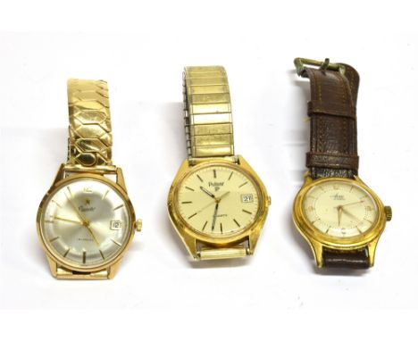 EVERITE, A GENTLEMAN'S 9CT GOLD ROUND WRIST WATCH, CIRCA 1968 Brushed silvered dial with Arabic 12 and raised baton numerals,