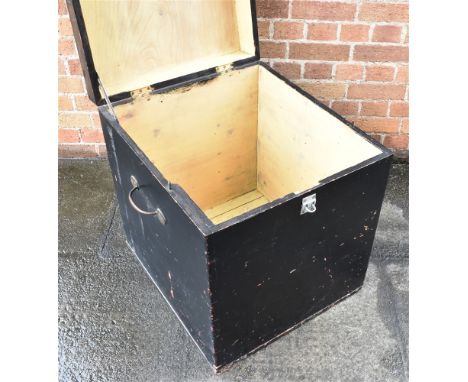 A PAINTED CAMPHOR WOOD TRUNK  with brass carrrying handle to each side, 54cm wide 60cm deep 64cm high