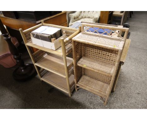 A bamboo and wicker three tier shelf unit and another similar 