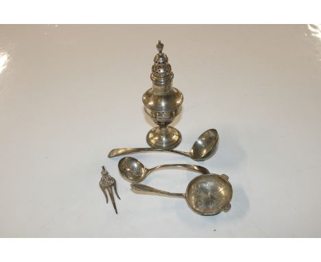 A silver sugar shaker London 1810, approx. 122gms; a silver sifter spoon; a Georgian sauce ladle and a silver strainer etc. a